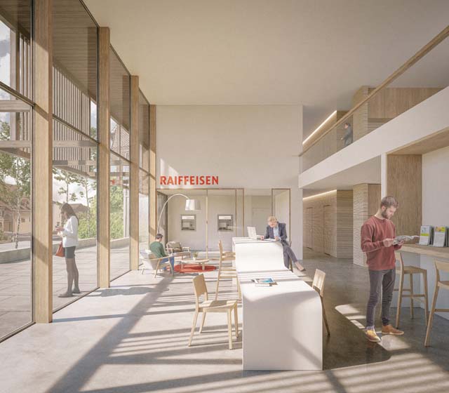 Rendu intérieur de la banque Raiffeisen à Assens, projet réalisé par Epure Architecture et Urbanisme SA