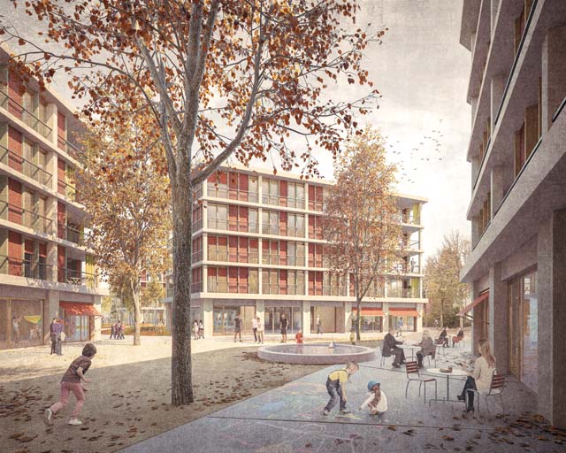 Rendu extérieur du projet Allee-/ Brühl-/ Mattenstrasse à Bienne, projet réalisé par Bart & Buchhofer Architekten AG