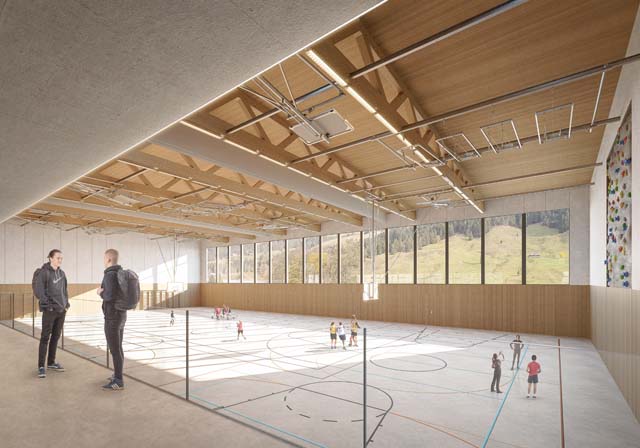 Rendu intérieur de la salle de sport triple, projet réalisé par Epure Architecture et Urbanisme SA