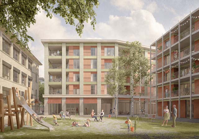 Rendu extérieur du projet Comadur-Areal à Thun, projet réalisé par Bart & Buchhofer Architekten AG