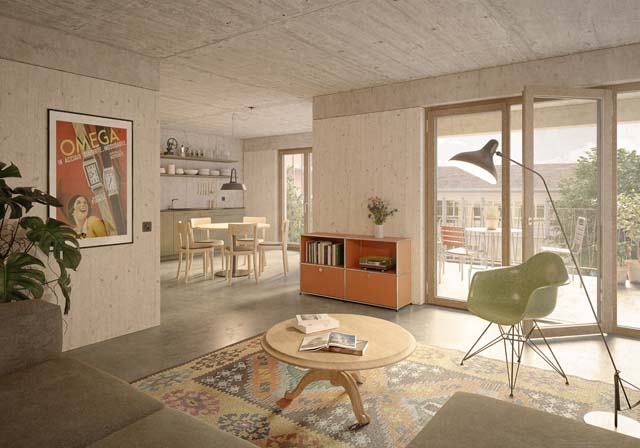 Rendu intérieur du projet Comadur-Areal à Thun, projet réalisé par Bart & Buchhofer Architekten AG